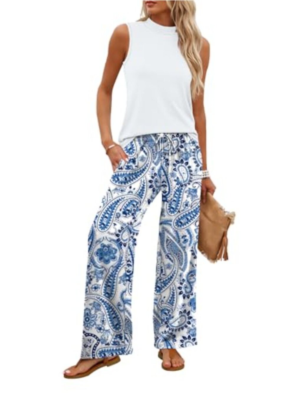 2 Piece Lounge Set Mock Neck Sleeveless Top Wide Leg Pants Travel Airport Outfit